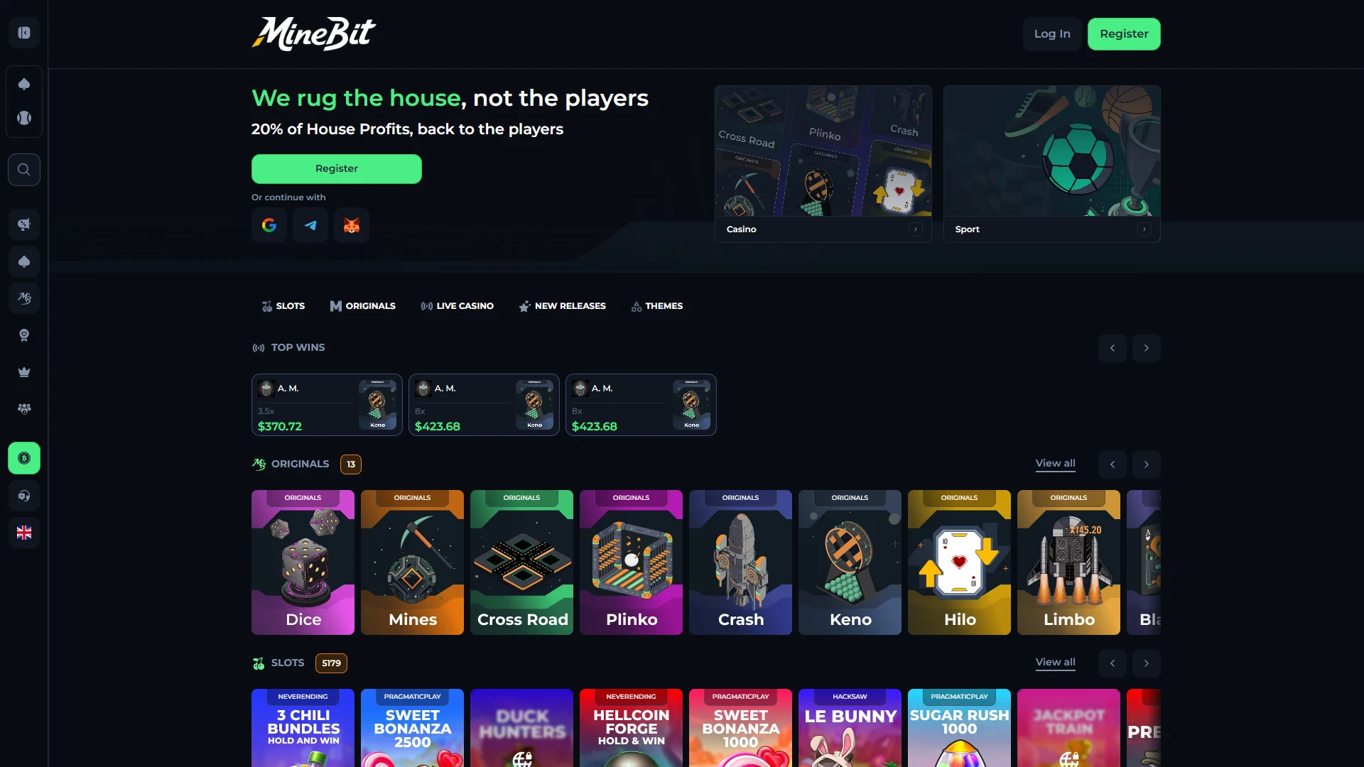 Minebit casino lobby on desktop